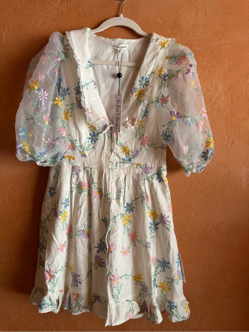 For Love & Lemons Marjorie Mini Dress NWT Floral Embroidered Puff Sleeve Medium - Picture 1 of 11